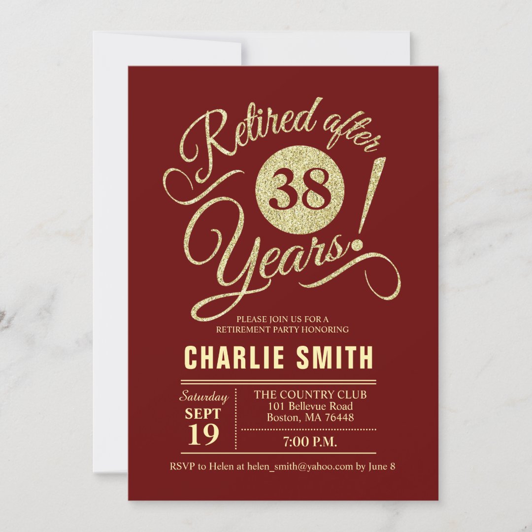 Retirement Party - Burgundy Maroon Gold Invitation | Zazzle