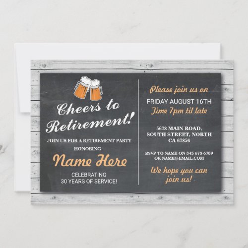 Retirement Party Cheers Beers Wood Chalk Invite