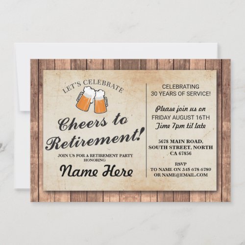 Retirement Party Cheers Beers Wood Pub Invitation