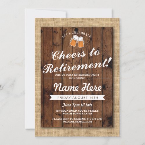 Retirement Party Cheers Beers  Wood Pub Invite