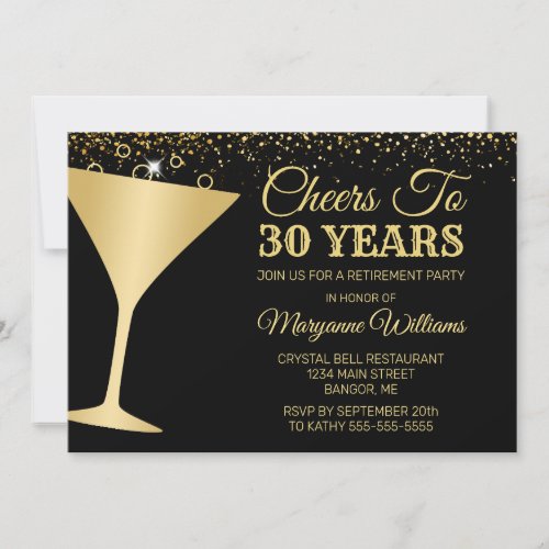 Retirement Party Cheers Champagne Glass Gold Black Invitation