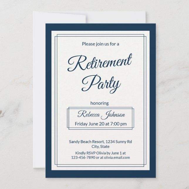 Retirement Party Classic Simple Navy And Cream Invitation (Front)