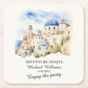 Retirement Party Colorful Greece Village Hill Square Paper Coaster