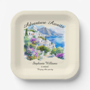 Retirement Party Colorful Greece Village Ocean Paper Plates