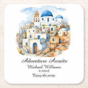 Retirement Party Colorful Greece Village Ocean Square Paper Coaster