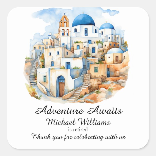 Retirement Party Colorful Greece Village Ocean Square Sticker (Front)