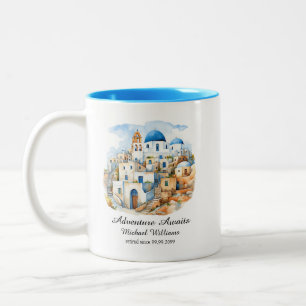 Retirement Party Colorful Greece Village Ocean Two-Tone Coffee Mug