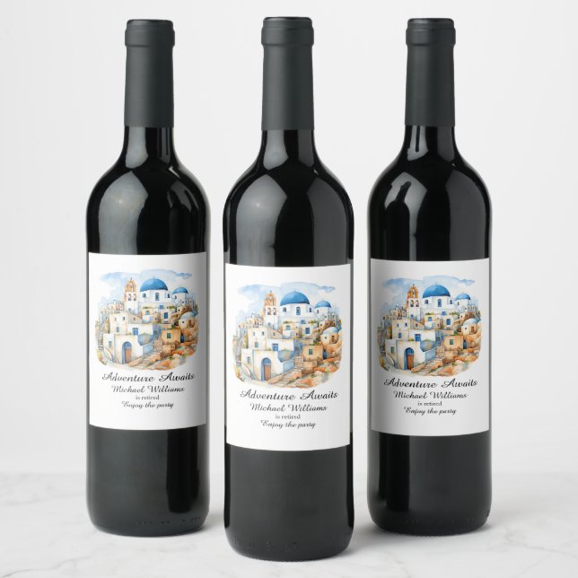 Retirement Party Colorful Greece Village Ocean Wine Label (Bottles)