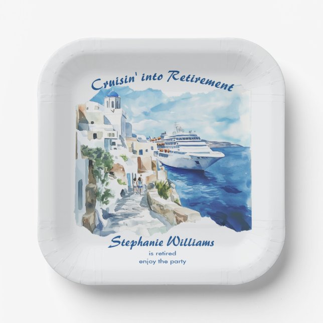 Retirement Party Cruising Destination Greece  Paper Plates (Front)