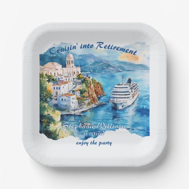 Retirement Party Cruising Destination Greece  Paper Plates (Front)
