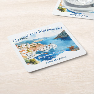 Retirement Party Cruising Destination Greece Square Paper Coaster