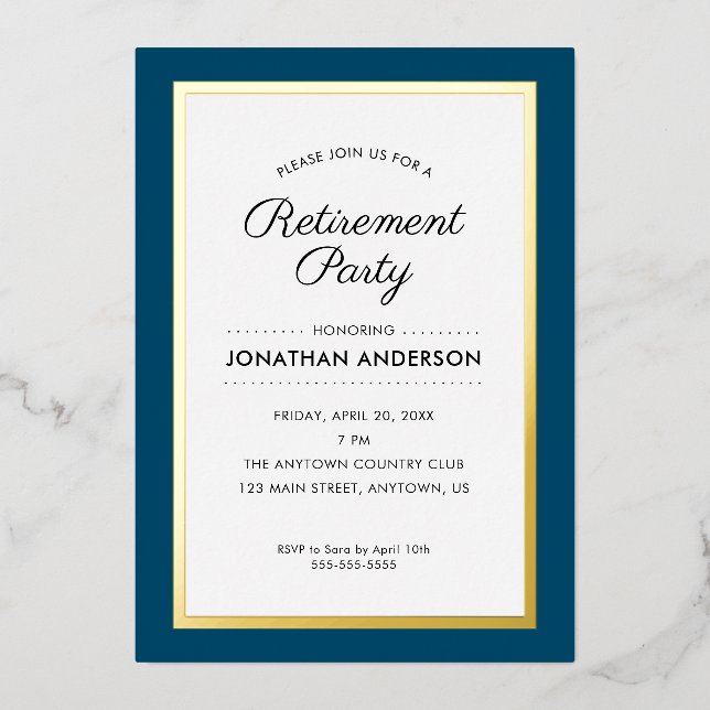 Retirement Party Dark Blue and Gold Foil Foil Invitation (Front)