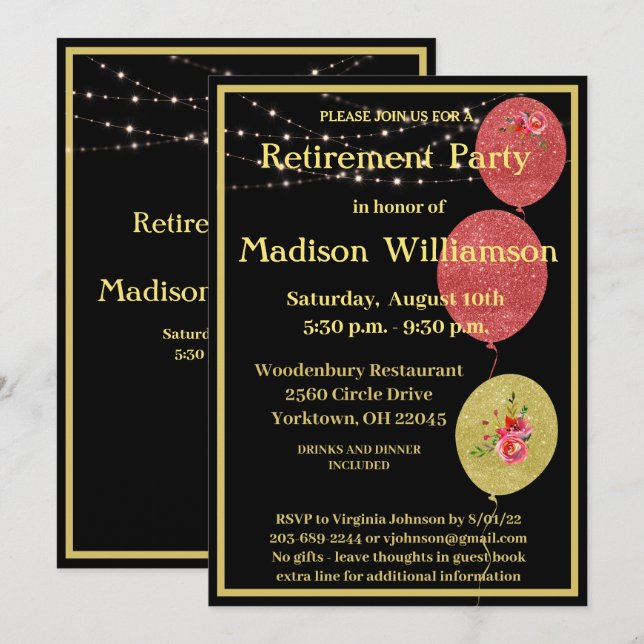Retirement Party Elegant Black Gold    Invitation (Front/Back)