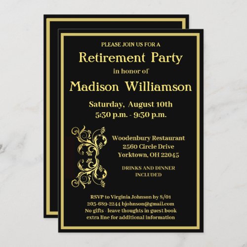 Retirement Party Elegant Black Gold  Invitation