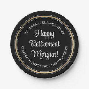 Retirement Party Elegant Black, White & Gold round Paper Plates