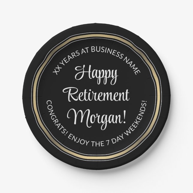 Retirement Party Elegant Black, White & Gold round Paper Plates (Front)