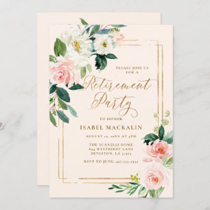 Retirement Party Elegant Blush Pink Floral Pretty Invitation