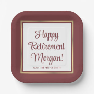 Retirement Party Elegant Burgundy and Gold Square Paper Plates