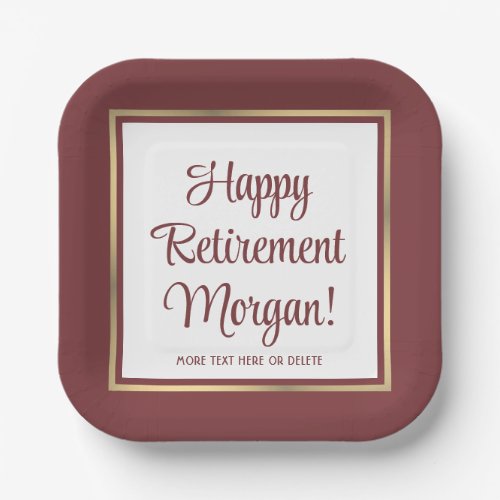 Retirement Party Elegant Burgundy and Gold Square Paper Plates