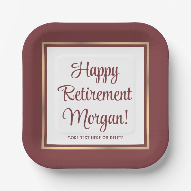 Retirement Party Elegant Burgundy and Gold Square Paper Plates (Front)
