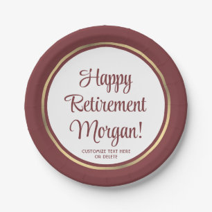 Retirement Party Elegant Burgundy & Gold Bordered Paper Plates