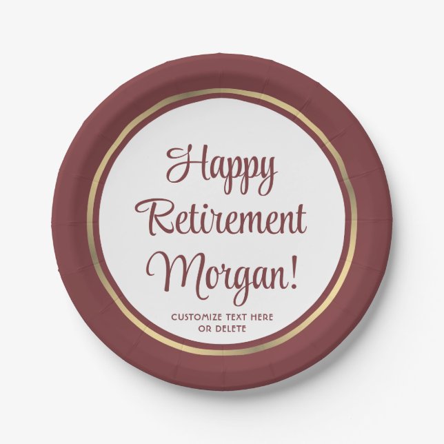 Retirement Party Elegant Burgundy & Gold Bordered Paper Plates (Front)
