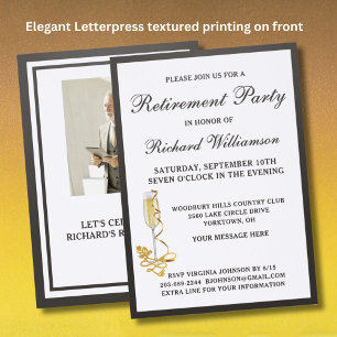 Retirement Party Elegant Champagne Glass  Letterpress Photo Cards