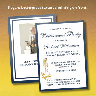 Retirement Party Elegant Champagne Glass Letterpress Photo Cards