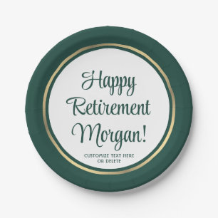 Retirement Party Elegant Green and Gold Bordered Paper Plates