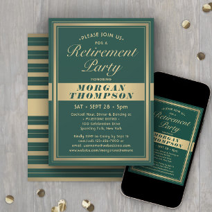 Retirement Party Elegant Green and Gold Script Invitation