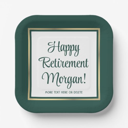 Retirement Party Elegant Green and Gold Square Paper Plates