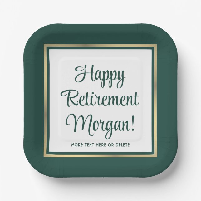 Retirement Party Elegant Green and Gold Square Paper Plates (Front)