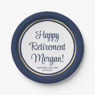 Retirement Party Elegant Navy Blue & Gold Bordered Paper Plates