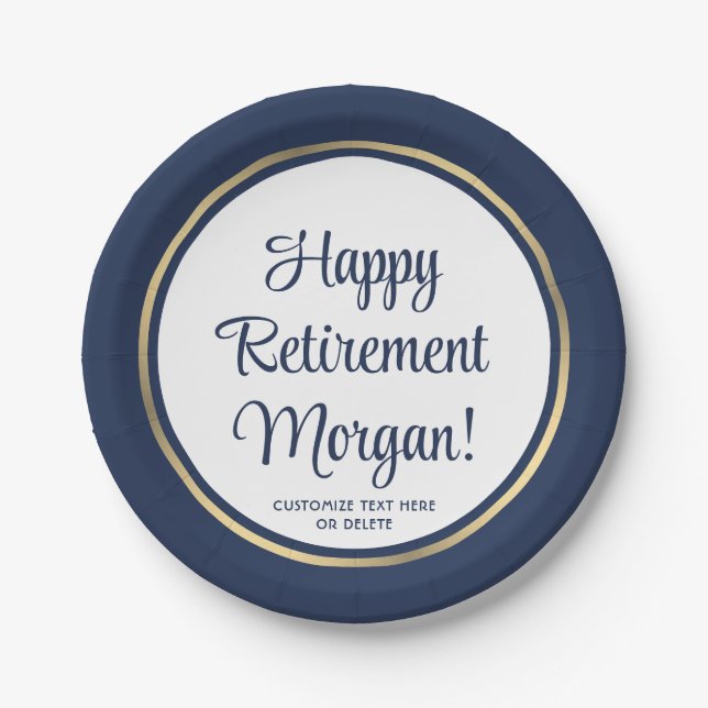 Retirement Party Elegant Navy Blue & Gold Bordered Paper Plates (Front)