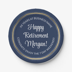 Retirement Party Elegant Navy Blue, White & Gold Paper Plates