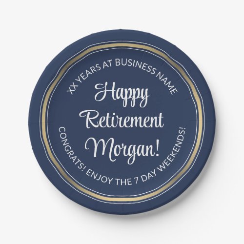 Retirement Party Elegant Navy Blue White  Gold Paper Plates