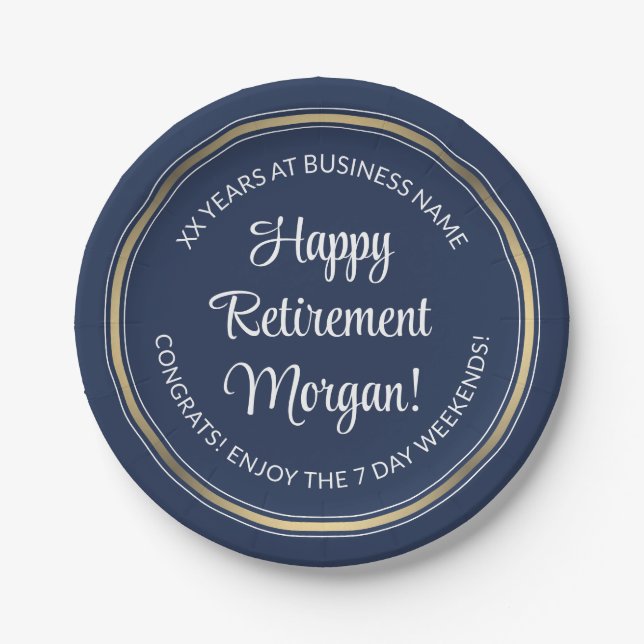 Retirement Party Elegant Navy Blue, White & Gold Paper Plates (Front)