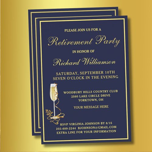 Retirement Party Elegant Navy Gold Invitation