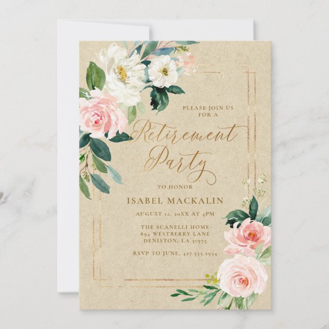 Retirement Party Elegant Pink Floral Kraft Rustic Invitation (Front)