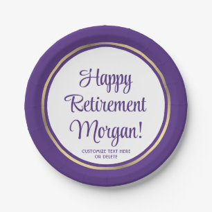 Retirement Party Elegant Purple and Gold Bordered Paper Plates