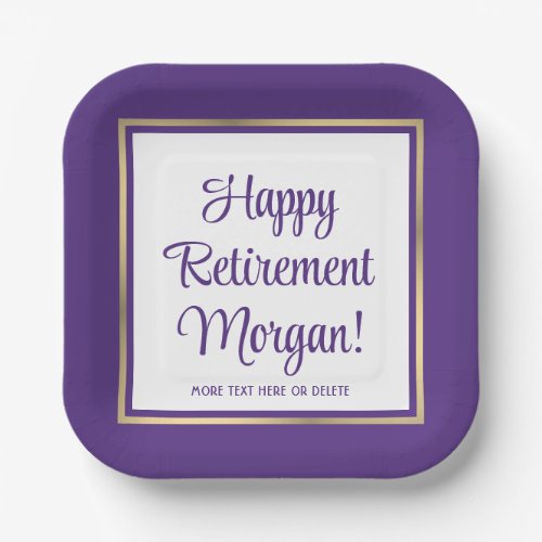 Retirement Party Elegant Purple and Gold Square Paper Plates