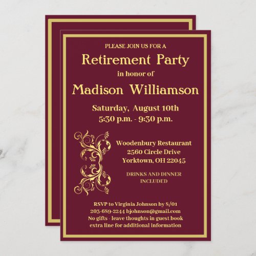 Retirement Party Elegant Red Gold      Invitation