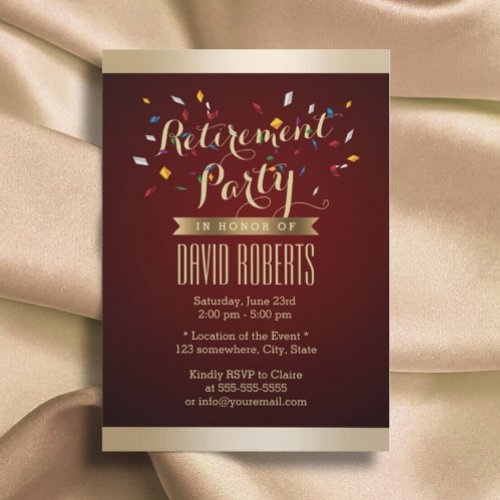 Elegant Wine Red Gold Stripes Retirement Party Personalized Announcement