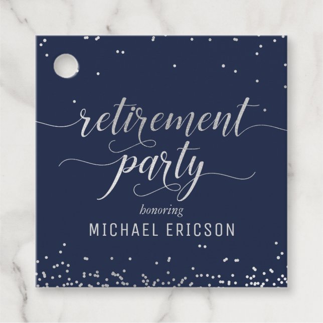Retirement Party Favor Tag Elegant Silver, Navy (Front)