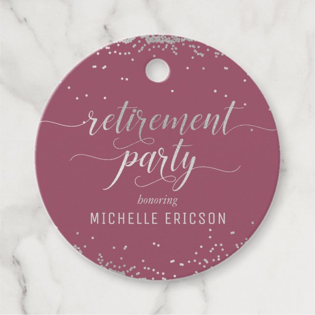 Retirement Party Favor Tag Elegant Silver, Pink (Front)