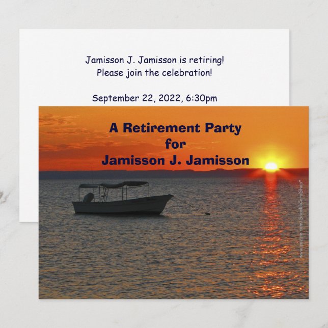 Retirement Party Fishing Boat at Orange Sunset Invitation (Front/Back)