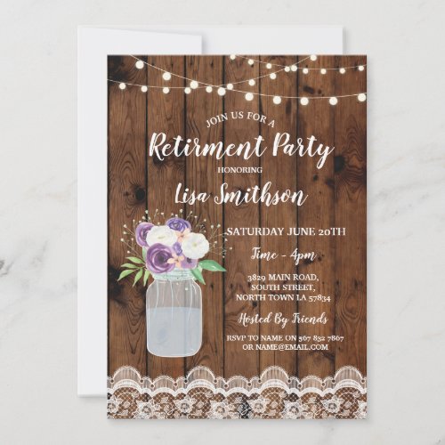Retirement Party Floral Lace Wood Mason Jar Invite