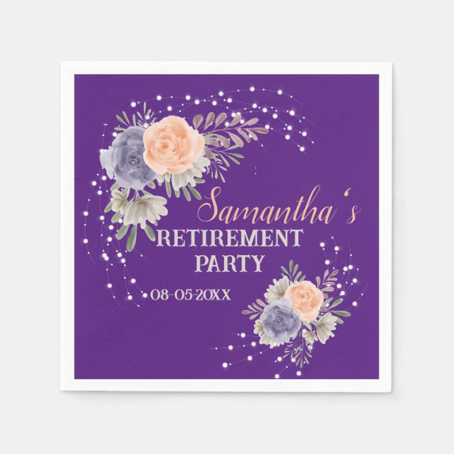 Retirement Party Floral Peony Rose Purple  Napkins (Front)