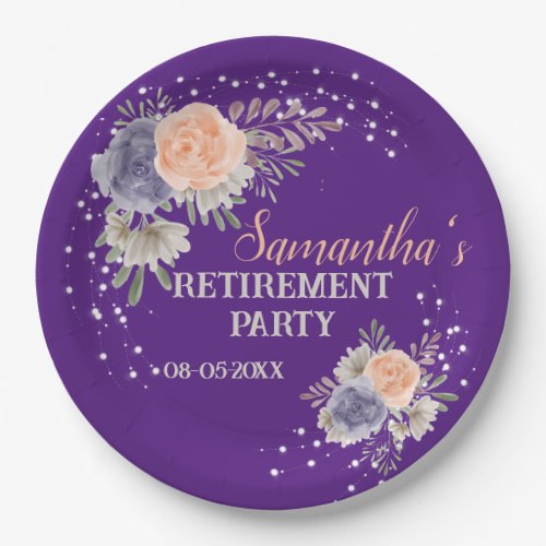 Retirement Party Floral Peony Rose Purple  Paper Plates