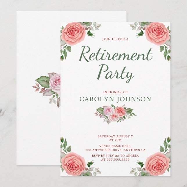 Retirement Party Floral Rose Pink Green Invitation (Front/Back)